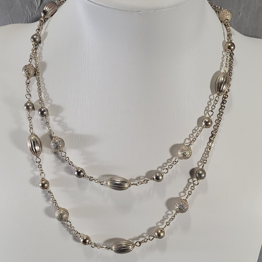 Trifari Station Necklace Women Pale Gold Mixed Bead Long Layering Chain Jewelry